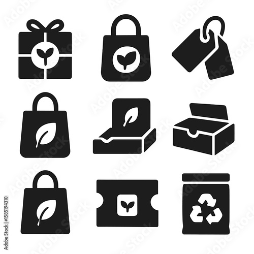 Eco Retail Packaging Icons. Solid style icons of event/retail packaging: gift wrap with plant, branded eco tote, sustainable promo