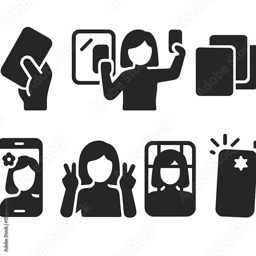 Selfie Techniques Icons. Solid style icons of selfie techniques: angled phone, mirror selfie pose, back camera selfie, burst shot