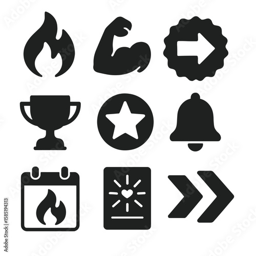 Fitness Motivation Icons. Solid style icons of fitness motivation: fire icon, strong arm emoji, “keep going” badge, trophy icon,