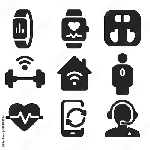 Smart Fitness Icons. Solid style icons of smart fitness tech: fitness tracker, smartwatch with pulse, smart scale, connected
