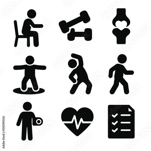 Senior Fitness Icons. Solid style icons of fitness for seniors: chair workout, light weights, joint-friendly icon, balance