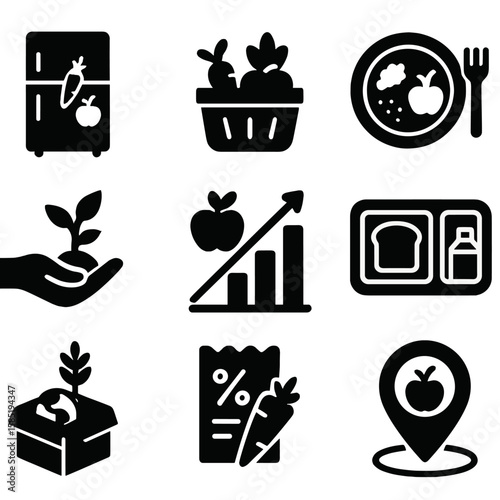 Food Justice Icons. Solid style icons of food justice: community fridge, food basket icon, healthy meal program, local harvest