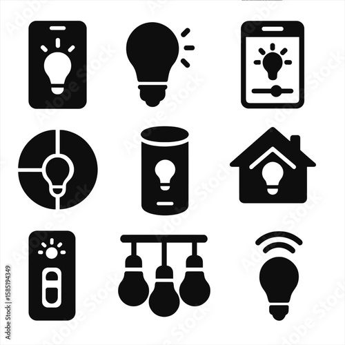 Smart Lighting Icons. Solid style icons of smart lighting: phone-controlled lamp, smart bulb icon, app with brightness control,