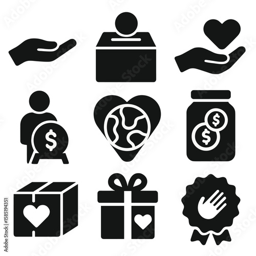 Charity Icons Collection. Solid style icons of charity work: donation hand, charity box, giving heart, fundraiser icon, nonprofit