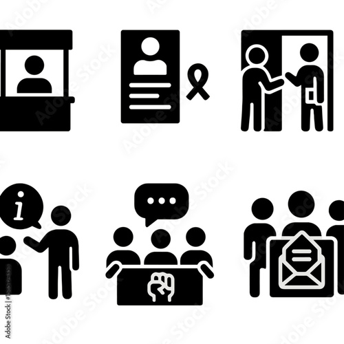 Public Outreach Icons. Solid style icons of public outreach: street info booth, awareness flyer, door-to-door talk, call for