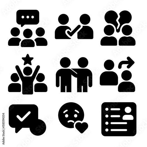 Peer Support Icons. Solid style icons of peer support networks: group text chat, peer match icon, shared experience icon, group