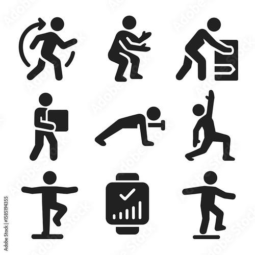 Functional Fitness Icons. Solid style icons of functional fitness at home: movement pattern icon, squat with twist, real-life
