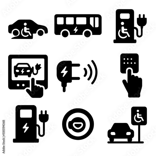 Accessible EV Icons. Solid style icons of EV accessibility: EV with wheelchair ramp, low-floor e-bus, accessible charging port,