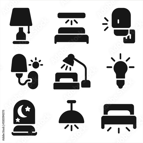 Solid Bedroom Lighting Icons. Solid style icons of bedroom lighting: bedside lamp, headboard light, nightlight icon, dimmable