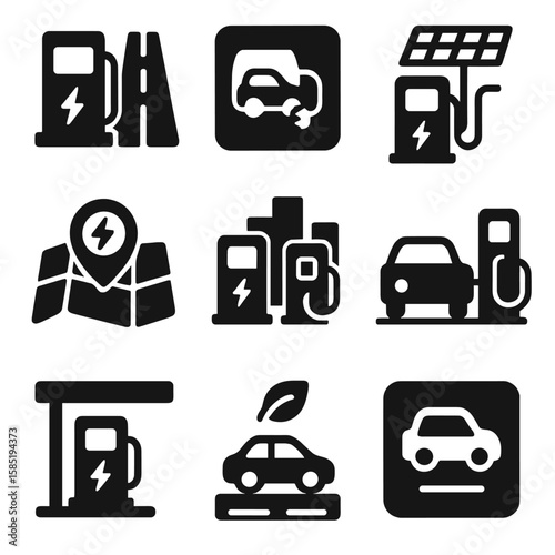 EV Infrastructure Icons. Solid style icons of EV infrastructure: highway charger, EV parking sign, rooftop solar charging,