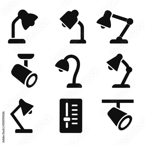 Adjustable Lighting Icons. Solid style icons of adjustable lighting features: swivel head lamp, tilting wall light, extendable arm
