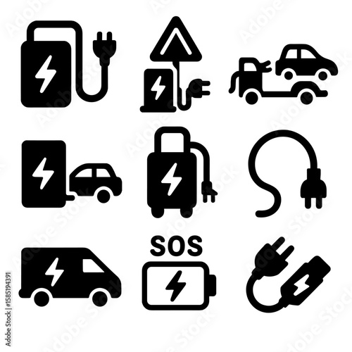 Emergency EV Charging Icons. Solid style icons of emergency EV charging: portable charge pack, roadside charge icon, EV tow