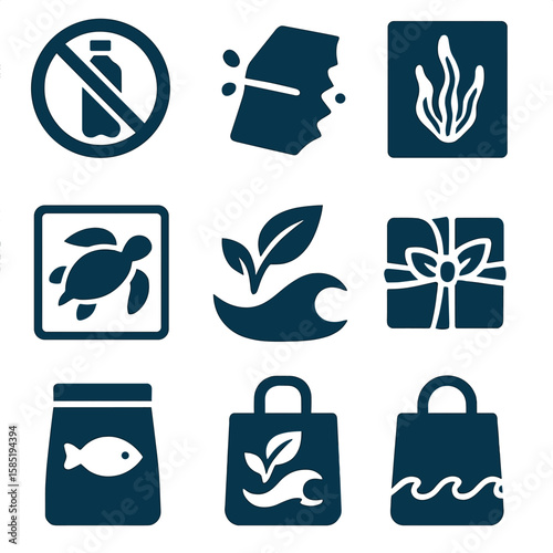 Ocean-Safe Packaging Icons. Solid style icons of ocean-safe packaging: no plastic ocean symbol, dissolvable wrapper, seaweed film,