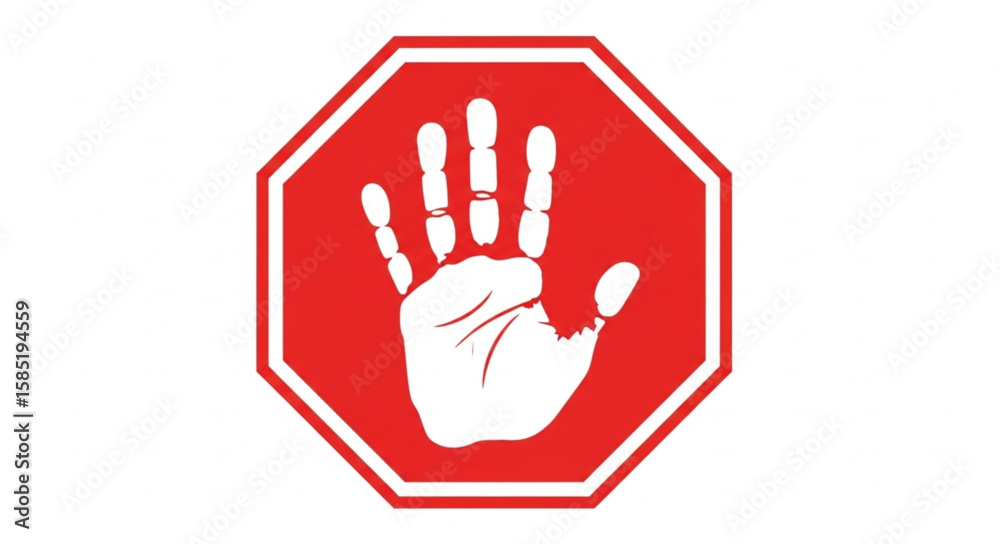 Fototapeta premium A red octagon with a white border and a white handprint in the center on a plain white background