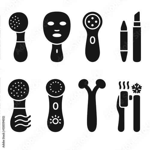 Beauty Tool Icons. Solid style icons of dual-function beauty tools: cleanse and tone brush, mask and LED combo device, RF + EMS