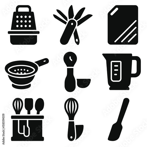 Multifunctional Kitchen Tools. Solid style icons of multifunctional tools: grater with catcher, 8-in-1 tool, dual-sided cutting
