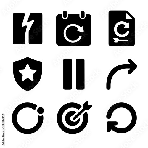 Habit Reset Icons. Solid style icons of habit reset and recovery: broken streak icon, restart calendar, fallback plan icon,