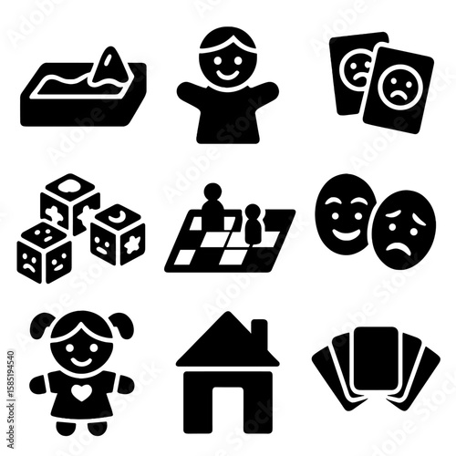 Play Therapy Tools Icons. Solid style icons of play therapy tools: therapy sandbox, puppet with smile, emotion flashcards, story