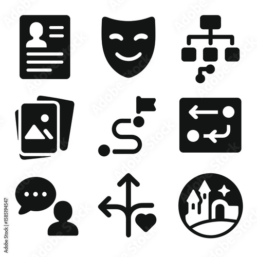 Role-Playing Game Icons. Solid style icons of role-playing and scenario games: character sheet icon, role costume mask, decision