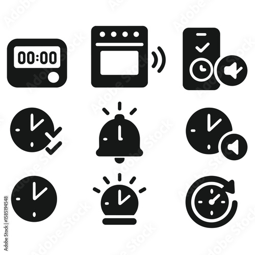 Kitchen Timer Icons. Solid style icons of kitchen timers and alerts: magnetic digital timer, oven beep icon, phone timer sync,