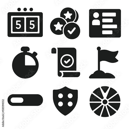 Classroom Gamification Icons. Solid style icons of classroom gamification tools: team scoreboard, participation tokens, class
