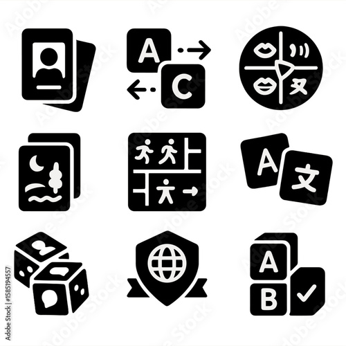 Language Learning Icons. Solid style icons of language learning games: vocabulary flashcards, alphabet tile race, pronunciation