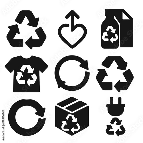 Recycling Symbol Icons. Solid style icons of recycling symbol variations: looped arrows, upcycle loop with heart, bottle with