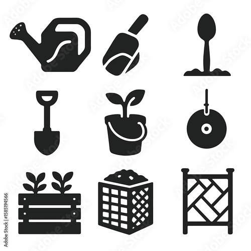 Recycled Garden Tool Icons. Solid style icons of recycled garden tools: milk jug watering can, bottle scoop, old spoon plant