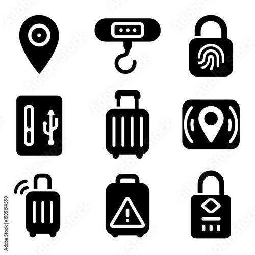 Smart Luggage Icons. Solid style icons of smart luggage gadgets: GPS tracker, digital luggage scale, lock with fingerprint,