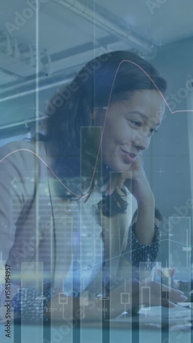 Animation of statistics and financial data processing over businesswoman in office