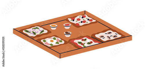Pizza mix, different pieces, slices in carton box with assorted dip sauces. T...