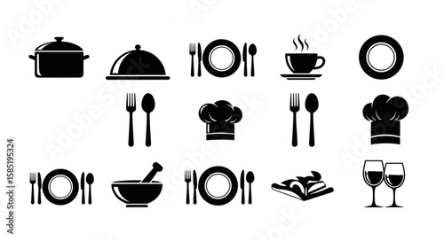 A black and white vector illustration of various kitchen and dining related icons and symbols set up