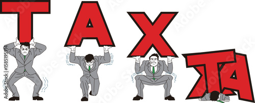 TAX重圧に耐える若いビジネスマンと押しつぶされる男性