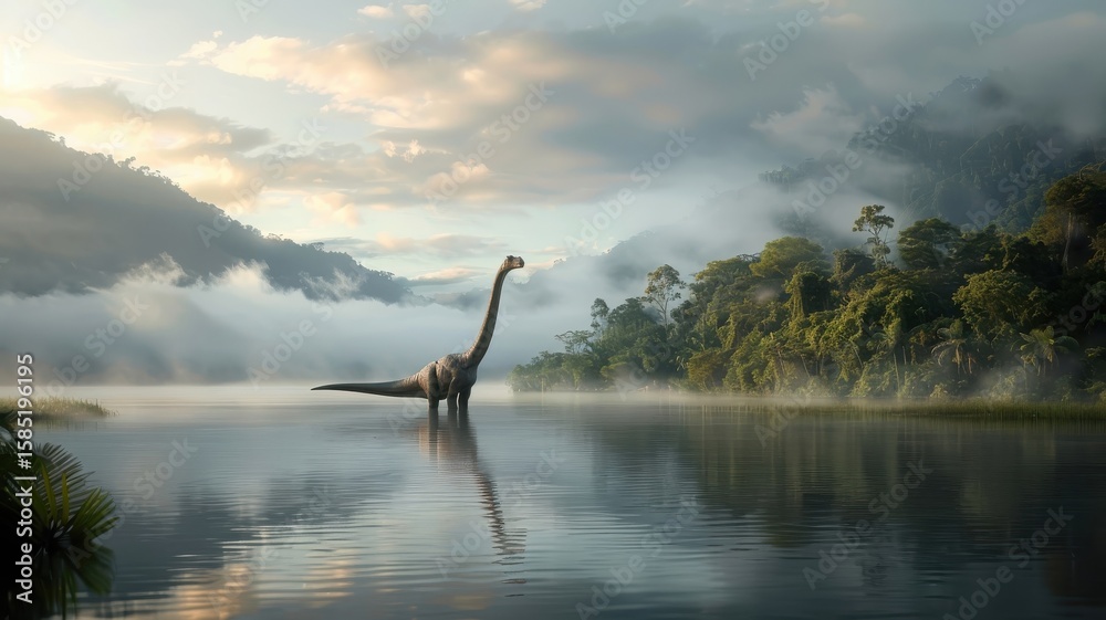 Fototapeta premium A Brachiosaurus roams a misty swamp, its massive form barely visible through dense fog.