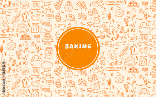 set of Baking and cake  tool doodle element hand drawn design background