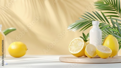 Citrus-inspired 3D podium with lemon background, perfect for summer juice and cosmetic displays, with a yellow platform and natural wood stand.