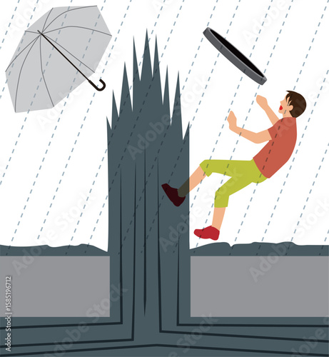 水害、豪雨と傘を差した人とマンホールが飛び吹き出す雨水の危険のイメージイラスト