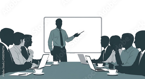 A minimalist silhouette concept of a business meeting. A speaker presents to a team, with a blank whiteboard perfect for adding your own text or data.
