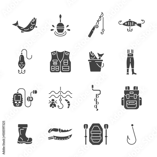 Fishing glyph icon set. Vector collection with fish, knife, backpack, inflatable boat, ica pick, hook, float, fishing lure, echo sounder, unloading vest, fishing rod. 