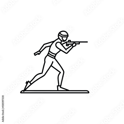 Biathlete aiming rifle while skiing in a stylized line art illustration isolated on a white background