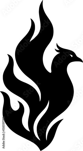 Black phoenix bird rising from flames vector illustration – mythical firebird symbol of rebirth, resurrection, transformation, and strength – bold tribal tattoo style design