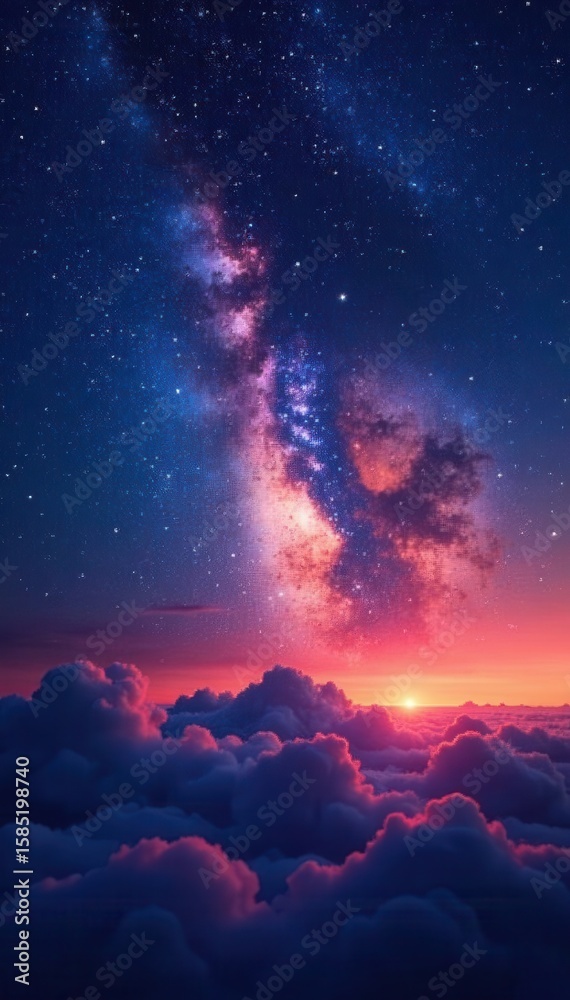 Fototapeta premium Night sky, twinkling stars, glowing nebula clouds, space, orange, cloud