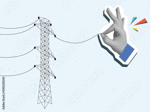 Hand holding a wire from a power line. Modern collage style. Vector illustration