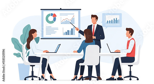 A man presents data analysis on a screen with charts to his colleagues. A clean, flat vector illustration of a business meeting in a modern office