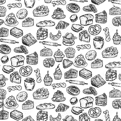 set of bread and pastry doodle element hand drawn cake and bread food seamless pattern