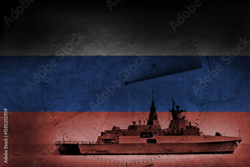 Russia Navy Frigate warship with flag and radar overlay