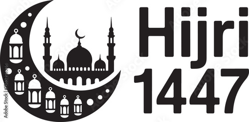 Hijri-Themed Black and White Illustration Featuring Crescent Moon, Star, Hanging Lanterns, and Decorative Mosque Dome Border