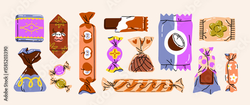 Set of different candies in wrappers. Various chocolate, caramel and marmalade sweets. Yummy lollypops, bars, bonbons. Confections, desserts, treats. Confectionery. Flat isolated vector illustrations
