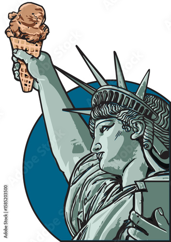 A fun and playful vector illustration of the Statue of Liberty holding an ice cream instead of a torch. A light-hearted twist on the iconic symbol, perfect for T-shirts, stickers, and posters. Ideal f