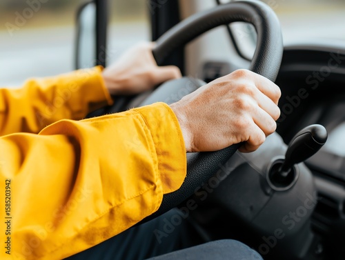 School bus driver smiling in uniform, hands on the steering wheel, ready to go